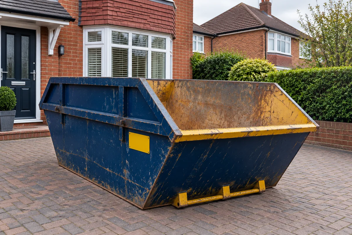 Blue builders skip on a private driveway