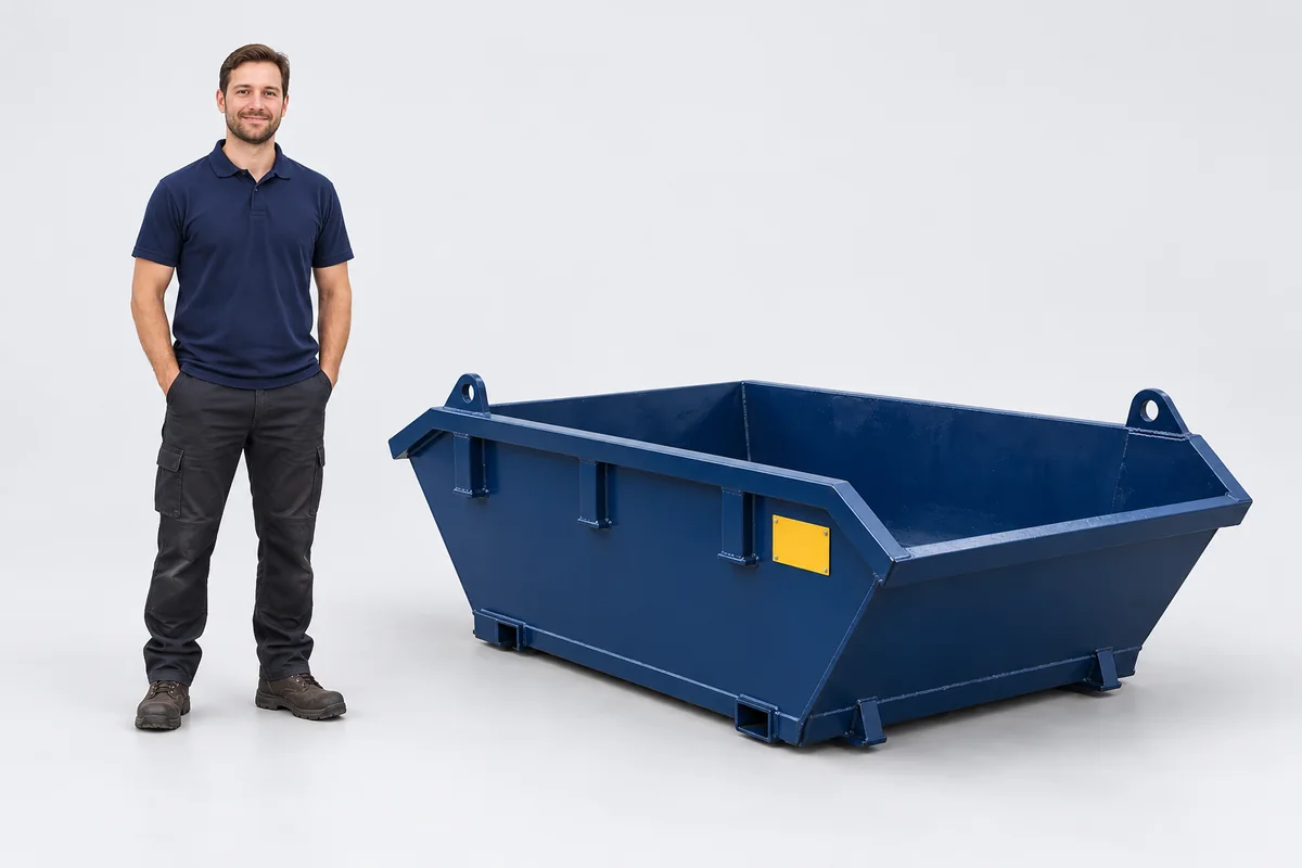 Man standing beside a 2-yard blue skip