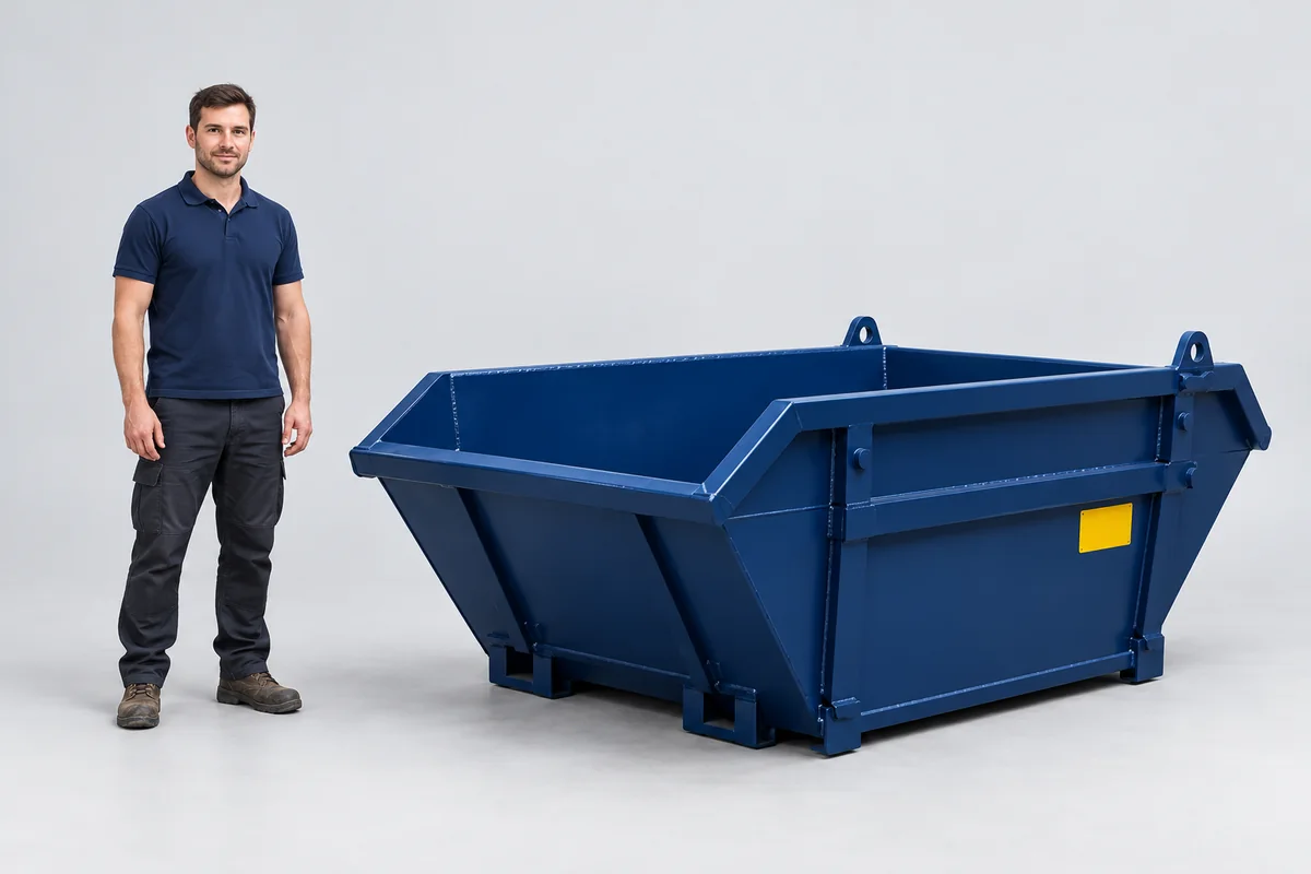 Man standing beside a 4-yard blue skip